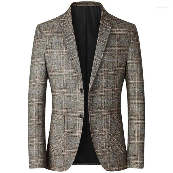 Trajes para hombres Fashion Blazers Autumn Gray Amarillo Plaid Negocio Casual Blazer Blazer Fiesta de boda Fit Slim Fit Jacket