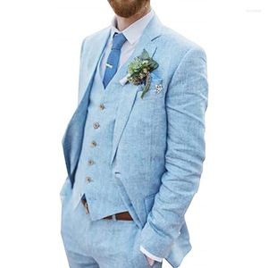 Costumes pour hommes mode bleu lin homme Blazer ensemble décontracté mariage Seersucker costume Slim marié 3 pièces hommes veste Tuxedos personnalisés