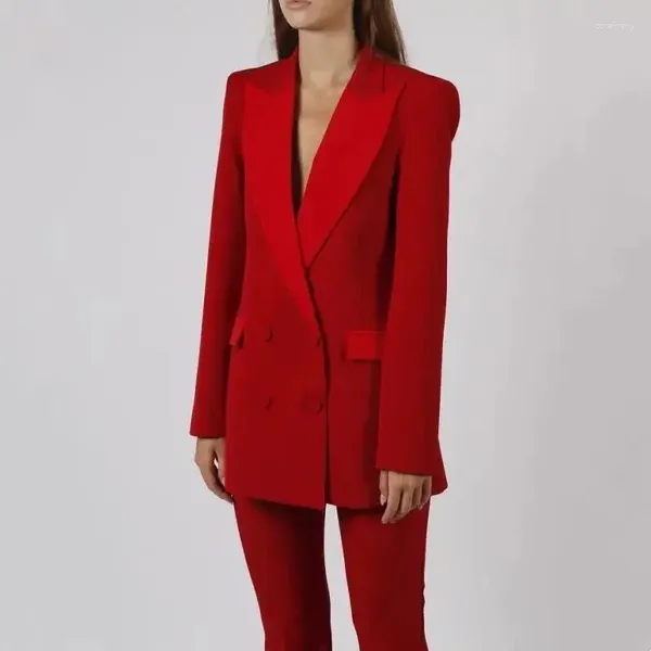 Trajes para hombre, traje rojo elegante a la moda para mujer, conjunto de dos piezas (chaqueta y pantalones acampanados), ropa femenina de ocio a la moda