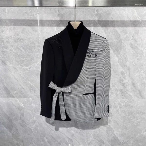Costumes pour hommes Mode broderie patchwork costume veste pied-de-poule dentelle coréenne tendance occidentale blazer manteau décontracté hommes choses étranges asymétrie