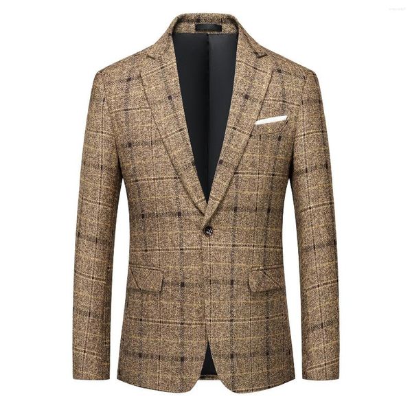 Trajes de hombre Moda Caballero Casual Versión coreana Slim Algodón Lino Negocios Estilo británico Plaid Wedding Party Blazer