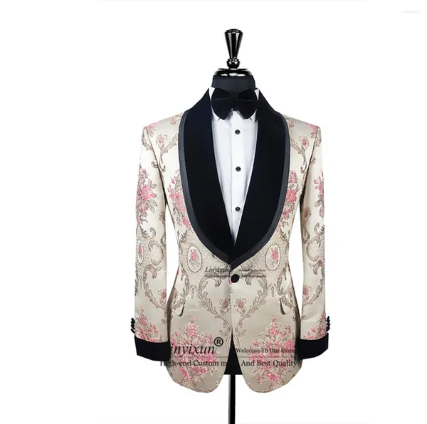 Costumes pour hommes Mode Gold Broderie Floral Hommes Châle Revers Groom Mariage Tuxedos 2 Pièces Ensembles Mâle Prom Blazer Slim Fit Costume Homme