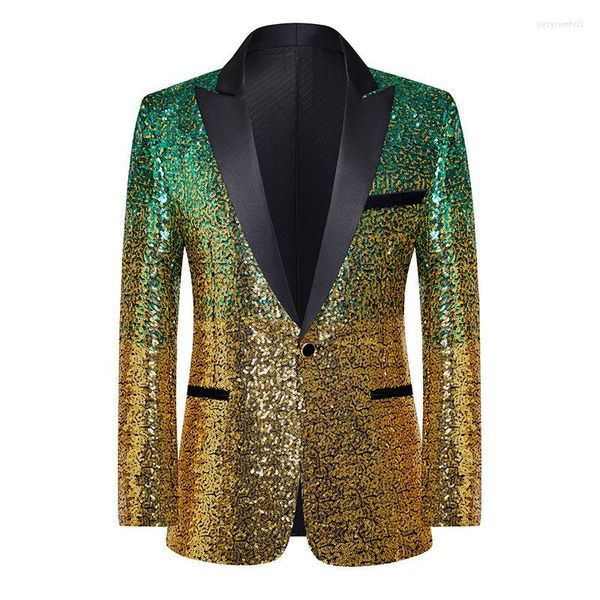 Costumes pour hommes Mode Or Vert Dégradé Paillettes Costume Blazer Veste Hommes Un Bouton Revers Cranté Tuxedo Blazers Fête Dîner De Bal Vêtements