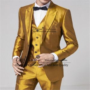 Herenkostuums Mode Goud Mannen Pak Voor Bruiloft 3 Stuks Set Bruidegom Tuxedos Glanzende Mannelijke Prom Party Blazer Vest Broek Outfit Slim Fit Ropa Hombre