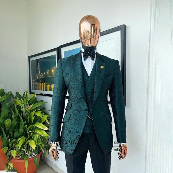 Trajes para hombres Moda Verde Jacquard Hombres Muesca Solapa Novio Esmoquin 3 Piezas Conjunto Masculino Prom Party Blazers Slim Fit Traje de boda Homme