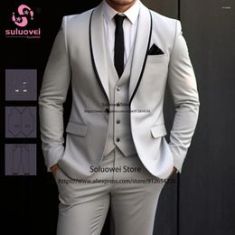 Costumes masculins mode gris clair pour hommes slim fit 3 pièces pantalon set marié de mariage de marin châle châle smoking terno masculino fino