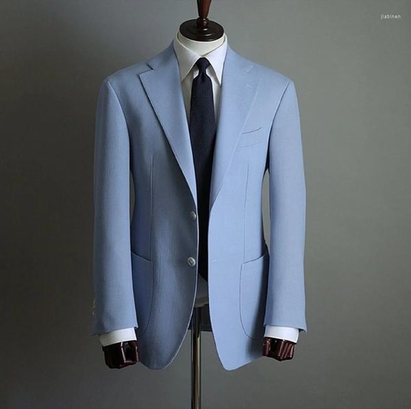 Trajes de hombre a la moda, azul cielo claro, 2 uds., chaqueta, pantalón, esmoquin de boda, Terno Masculino, novio, graduación, chaqueta entallada hecha a medida