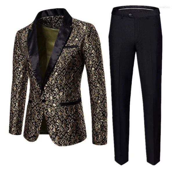 Trajes de hombre Moda hombre traje de negocios Jacquard de dos piezas negro/oro vino rojo vestido de fiesta de boda Homme Blazers y pantalones