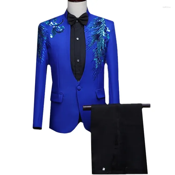 Trajes para hombres Moda Hombres Traje de lentejuelas de negocios 2 piezas Azul / Rojo Clásico Boda Baile Fiesta Vestido de actuación Blazer y pantalones