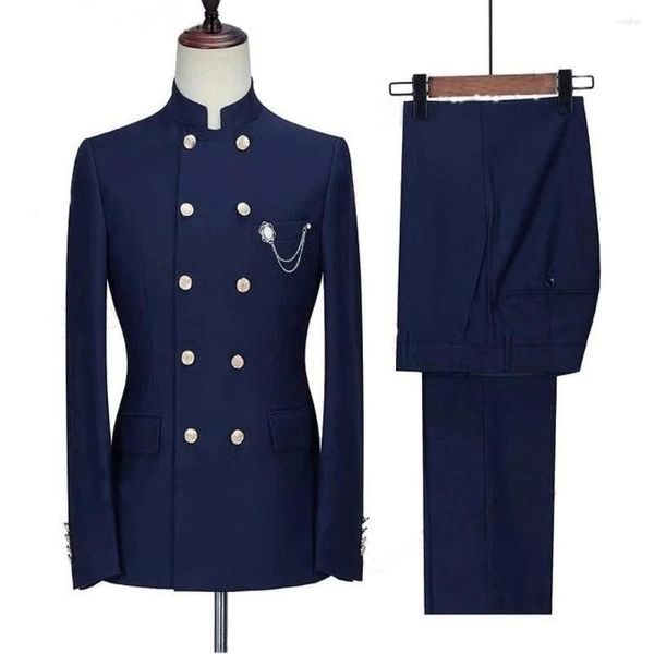 Trajes para hombres Moda Hombres Azul marino Slim Stand Collar Doble botonadura Blazer masculino con pantalones Formal Smart Casual Boda Esmoquin 2 piezas