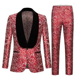 Herenpakken Mode Mannen Rood Jacquard Pak 2 Delige Set 2023 Bruiloft Prom Party Rozet Blazers Jas En broek