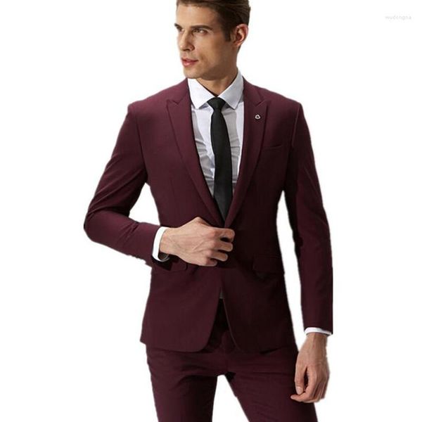 Costumes pour hommes mode hommes vin rouge marié costume hommes formel un bouton pour mince homme en bonne santé mariage personnalisé (manteau et pantalon)