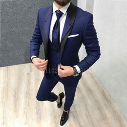 Herenpakken Mode Marineblauw Mannen Slim Fit 3 Stuks Sjaal Revers Elegante Formele Klassieke Mannelijke Bruiloft Set Trajes de Hombre