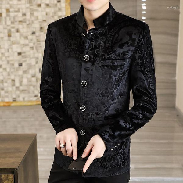 Trajes de hombre a la moda, informal, no convencional, tendencia bonita, cuello levantado, chaqueta de traje de algodón de seda coreana para hombre, Blazer