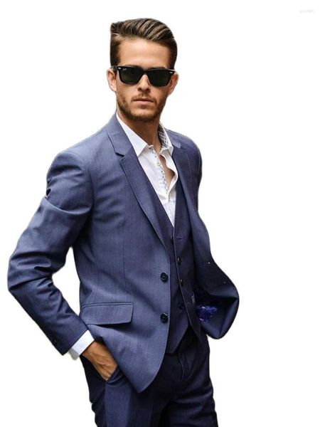 Trajes de hombre Moda Solapa con muesca Azul claro Hombres Blazer Pantalones Vestido de novia Cena Ropa de fiesta Negocios 3 piezas Chaqueta Pantalones Chaleco Corbata