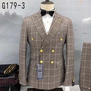 Trajes de hombre a cuadros a la moda para hombre, chaqueta ajustada con doble botonadura, pantalones, conjunto de 2 piezas, traje de negocios para boda y graduación, esmoquin de lujo para hombre