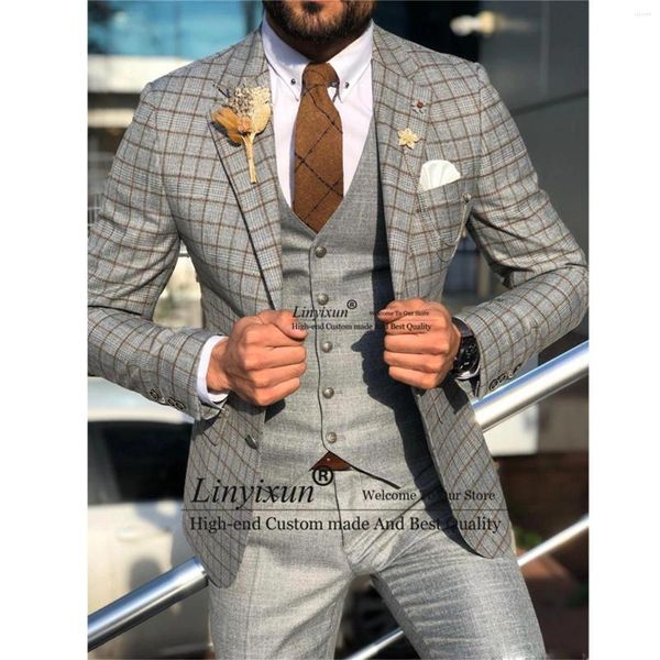 Costumes pour hommes Mode Plaid Tweed Mens Slim Fit Nottached Lapel Sliver Groom Wedding Tuxedo 3 Pieces Set Costume Homme Veste Gilet Pantalon