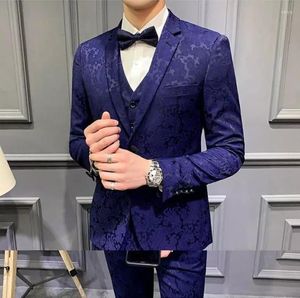 Herenpakken Fashion Royal Blue Jacquard Heren Suit Business Formele 3 stuks Slim Fit Notch Rapel Prom Tuxedos Wedding Groomsmen Bruidegom