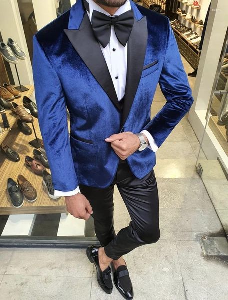 Suits para hombres moda Royal Blue Velvet Men for Wedding Groom Tuxedo 2 piezas Set de seta hecha (pantalones negros azules)