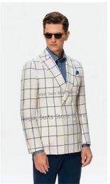 Herrenanzüge Mode Weiß Plaid Hochzeit Anzug Für Männer Slim Fit Zweireiher Bräutigam Smoking 2 Stück Set Business Männlich Blazer kostüm Homme