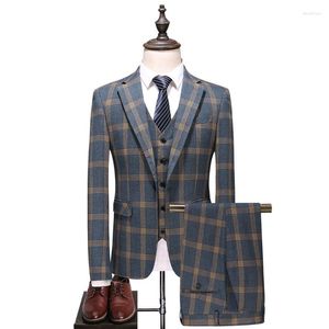Costumes pour hommes Fashional Men#39;s British Slim Plaid Groom Wedding Banquet Suit Three-piece