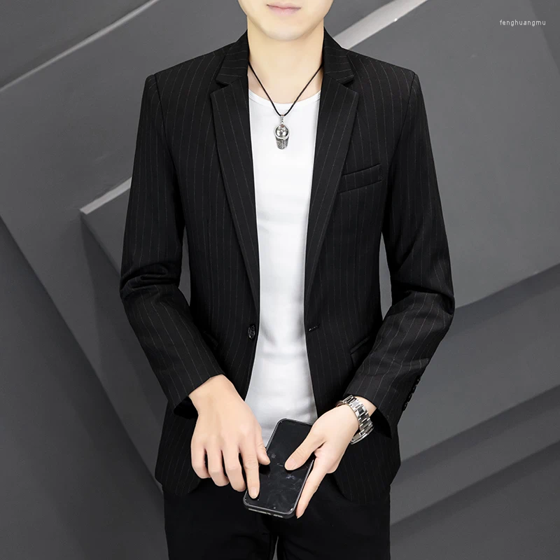 Men's Suits Flat Lapel Collar Striped Suit Casual Coat Youth Korean Version Slim Trend High-end After Slit