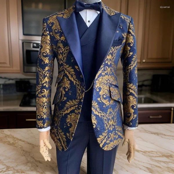 Costumes masculins Floral pour hommes Slim Fit Jacquard Wedding Tuxedo Navy Blue et Gold Gentleman Veste avec gilet Pant 3 PCS 2024