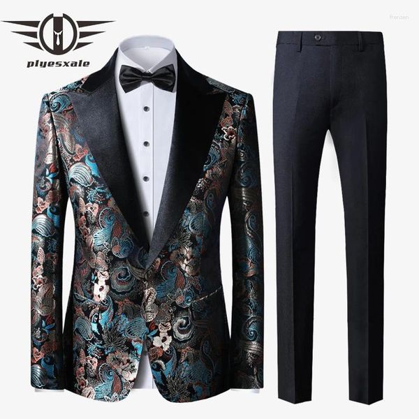 Costumes pour hommes Floral Jacquard hommes pour mariage coupe ajustée dernières conceptions de pantalon de manteau homme dîner costume de bal (veste pantalon) Q1130