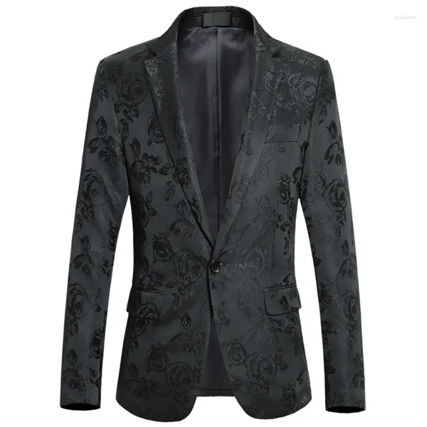 Trajes de hombre Patrón de jacquard floral Hombres Chaqueta de traje de un solo botón Solapa con muescas Tallas grandes Bordado de rosas Blazers casuales elegantes para hombre Negro