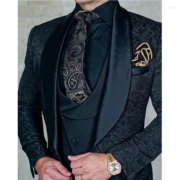 Trajes florales para hombre, boda, 2023, diseño italiano, moda personalizada, chaqueta de esmoquin negra para fumar, ropa para novio de 3 piezas 2023