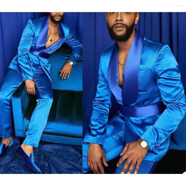 Costumes pour hommes en Satin bleu châle revers coupe ajustée deux pièces veste pantalon Terno Hombres Costume élégant formel Blazer 2023