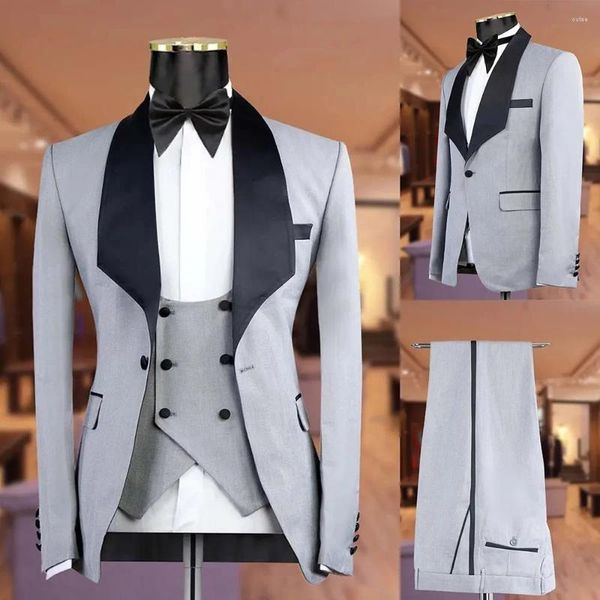 Trajes para hombre, chaqueta Formal gris, conjunto completo, chal negro, solapa, un botón, chaqueta elegante de 3 piezas, pantalones, chaleco, ropa de boda para hombre