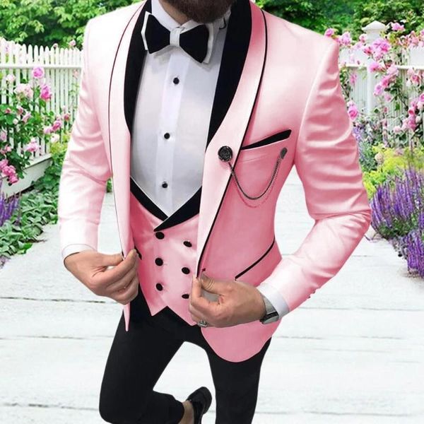 Trajes de hombre Formal rosa para hombre, informal, ajustado, 3 uds., esmoquin para graduación, chal, solapa, chaleco cruzado, chaqueta, pantalones, novios, fiesta de boda