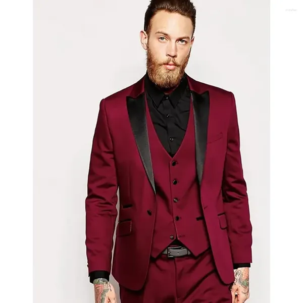 Costumes pour hommes Blazer rouge formel noir revers à pointe simple boutonnage coupe ajustée maigre 3 pièces veste pantalon gilet tenues de mariage de bal