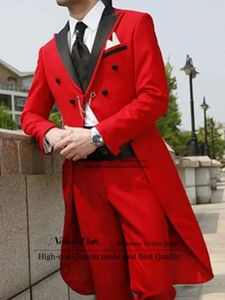 Herenpakken formele rode lange jas mannelijke prom blazers 2 stuks sets piek met revers bruidegom bruiloft tuxedos slank fit business terno masculino