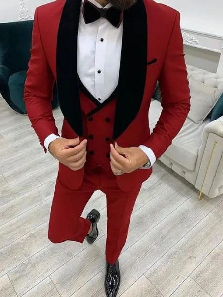 Costumes pour hommes Formel Rouge Hommes Costume 3 Pièces Ensemble De Mariage De Bal Pour Tuxedo Slim Fit Marié Costume De Mariage Veste Personnalisée Gilet Pantalon