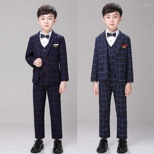 Costumes pour hommes formel rouge Plaid garçons 3 pièces ensemble été automne enfants bal costume de mariage Blazer surdimensionné enfants smoking veste pantalon gilet