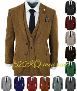 Costumes pour hommes Retro Mens Retro 3 Pieds Tweed Costume Herringbone Prom Groom Tuxedo (Veste Veste Pantalon Tie)