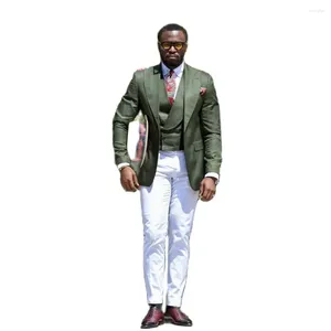 Costumes pour hommes Costume complet pour hommes Slim Fit Formel Business Mariage Groom Homme Tenues classiques Blazer vert Gilet avec pantalon blanc 3 pièces