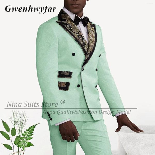 Trajes para hombres GN 2023 Paisley Mint Green Hombres Traje de fiesta de noche joven Homme Padrinos de boda Esmoquin para playa Chaqueta de boda Pantalones