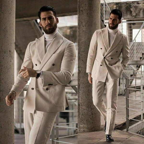 Trajes de hombre, traje blanco suave para hombre, 2 piezas, chaqueta a medida de negocios, pantalones, doble botonadura, ropa de trabajo para novio de boda, informal a medida