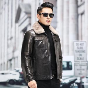 Trajes para hombre, ropa de cuero genuino, chaqueta corta cálida con solapa de visón de piel de cabra para hombre, abrigos delgados de moda de piel de oveja, prendas de vestir de invierno