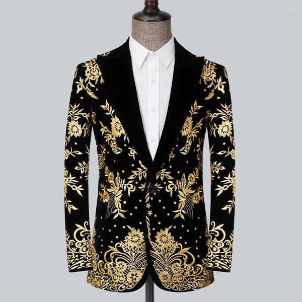 Costumes pour hommes Vestes de robe de broderie florale d'or pour le dîner de fête de mariage de haute qualité Marque de mode Homme Slim Fit Tuxedo Blazer