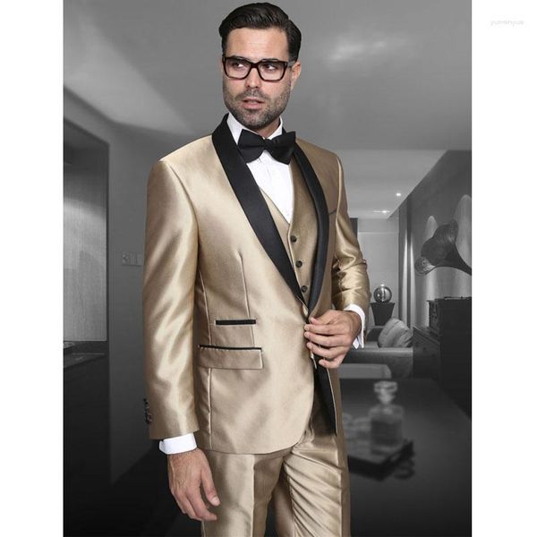 Trajes para hombres Traje de boda de novio de 3 piezas de satén dorado para hombre 2023 Esmoquin formal de graduación de lujo a la moda (chaqueta, chaleco y pantalones)