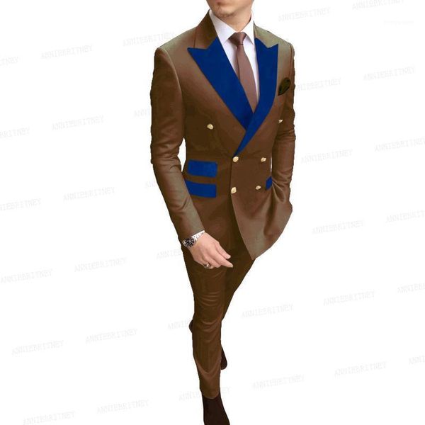 Costumes pour hommes Boutons dorés Costume pour hommes marron avec revers en velours bleu Business Blazer Pantalon 2 pièces Set Slim Fit Groom Robe de mariée Tuxedo Bl