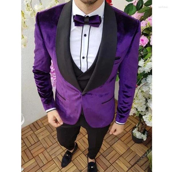 Trajes para hombre, chaqueta gótica morada, chaleco negro, chal de 3 piezas con solapa, conjunto completo de graduación de un solo pecho, ropa masculina de lujo 2024