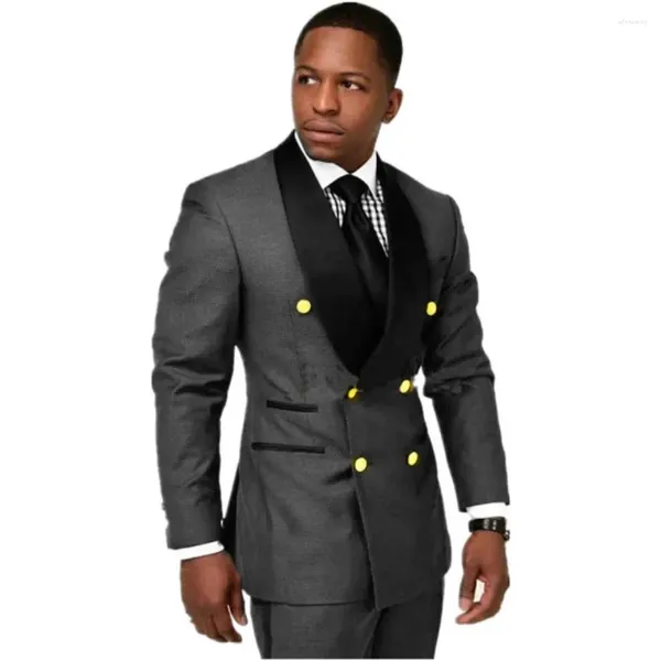 Costumes pour hommes Gris Double Boutonnage Hommes 2 pcs Noir Châle Revers Slim Fit Blazer Ensembles Custom Business Prom Mariage Tuxedos Costume Homme