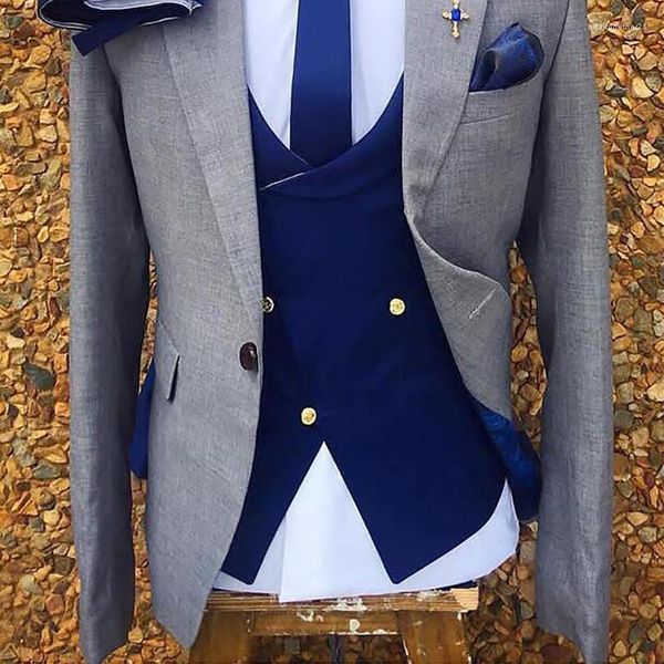 Trajes de hombre gris Formal novio esmoquin para boda Slim Fit italiano hombres con azul real pantalones chaleco moda masculina traje chaqueta
