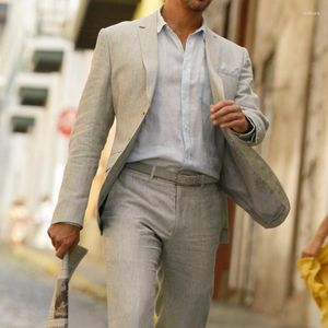 Costumes masculins en lin gris été pour hommes vêtements de mode masculins 2 pièces de mariage de mariage de mariage de mariage de mariée personnalisée avec pantalon