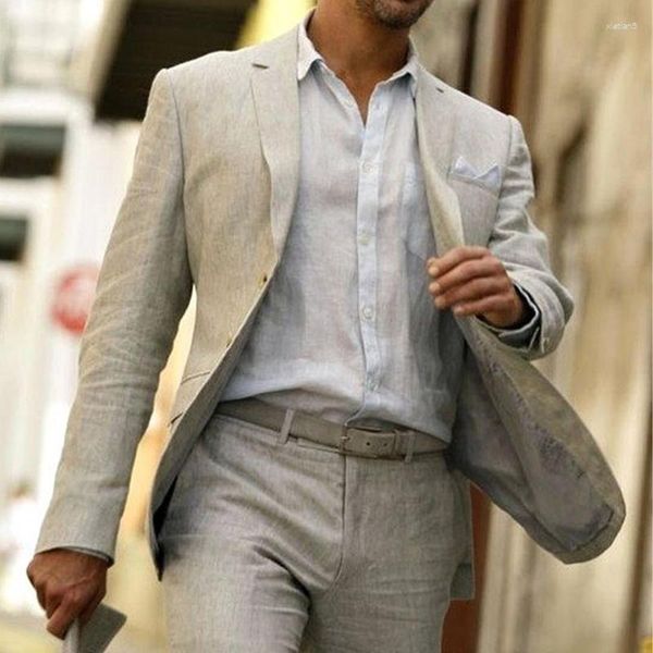 Trajes de hombre gris Lino verano hombres para boda graduación 2 piezas Casual novio esmoquin hombre moda ropa masculina conjunto chaqueta con pantalones